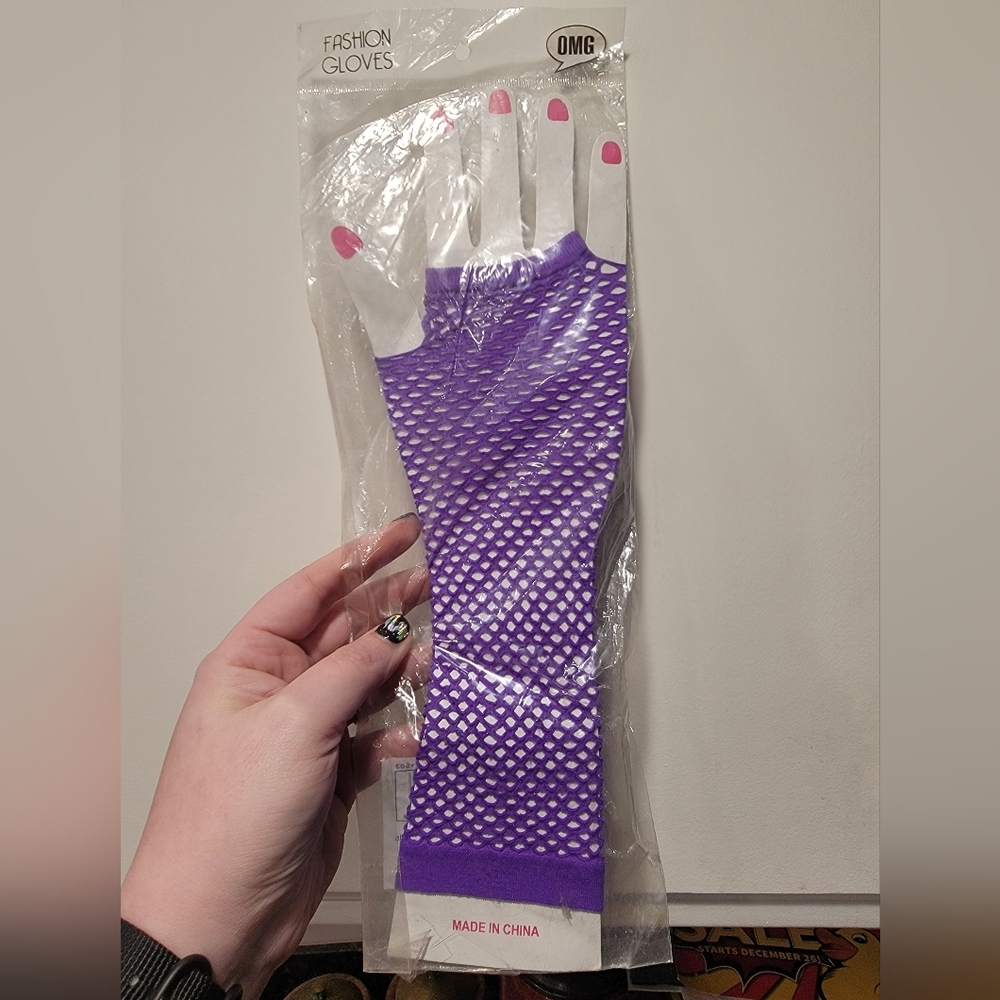 Purple Long Fingerless Fishnet Gloves